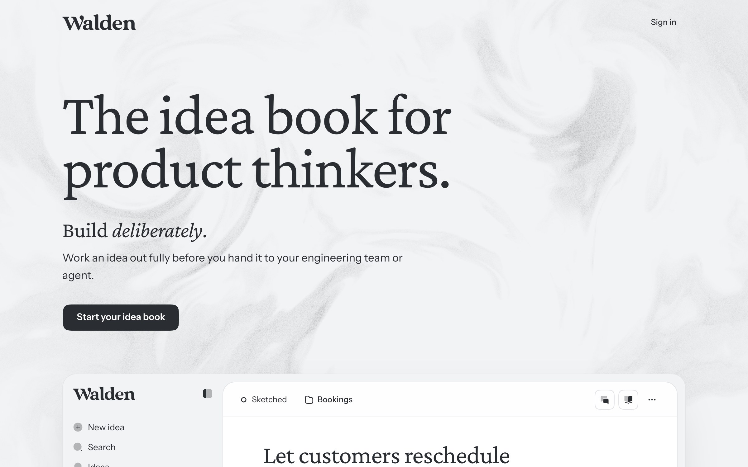 The walden.so landing page — The idea book for product thinkers, set over ink turning in water, with the app window rising beneath it